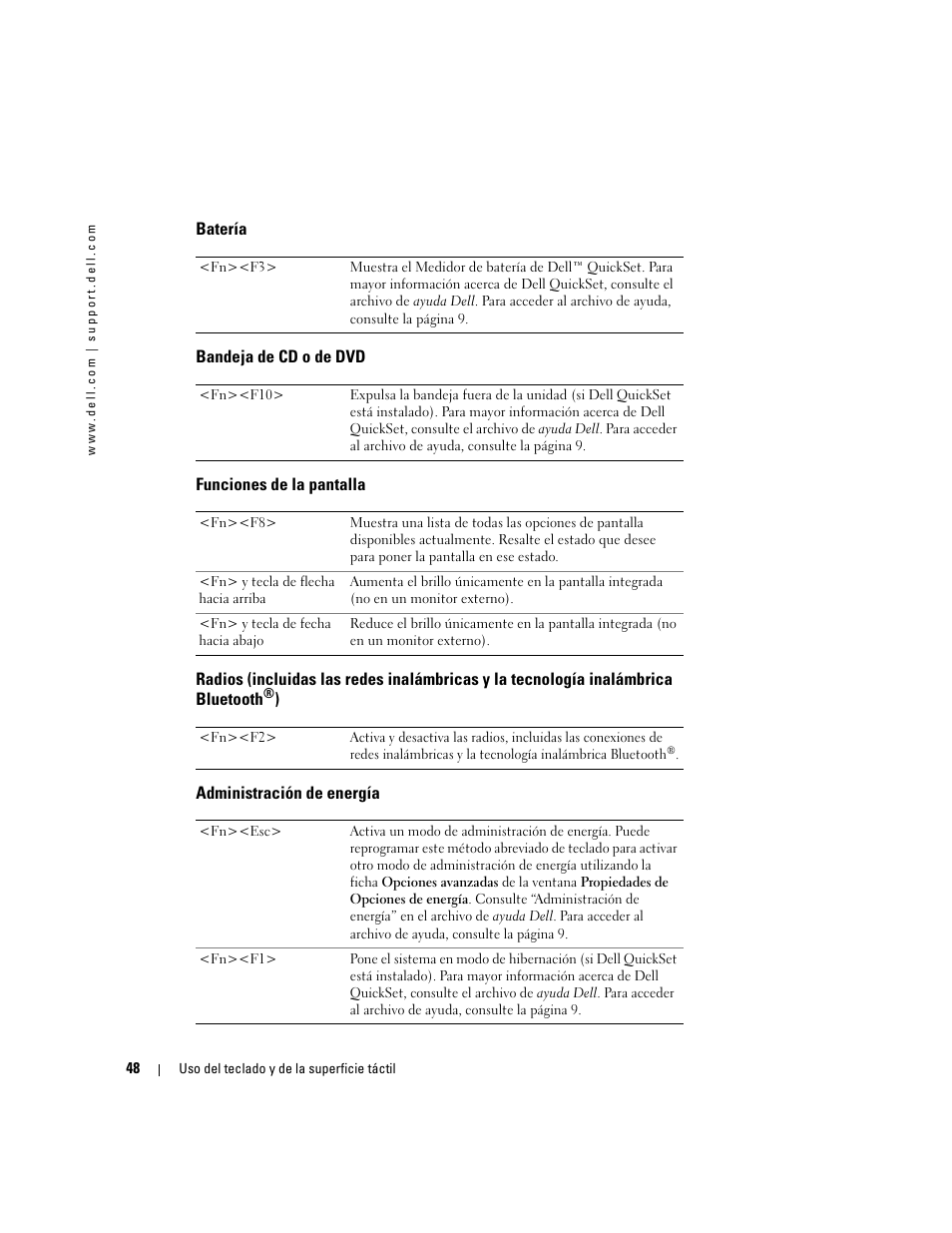 Batería, Bandeja de cd o de dvd, Funciones de la pantalla | Administración de energía | Dell XPS M170 (MXG051, Late 2005) User Manual | Page 48 / 134