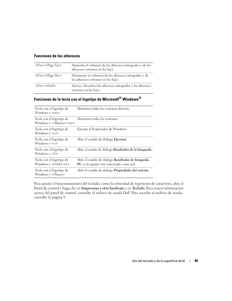 Funciones de los altavoces, Funciones de la tecla con el logotipo de microsoft | Dell XPS M170 (MXG051, Late 2005) User Manual | Page 49 / 134