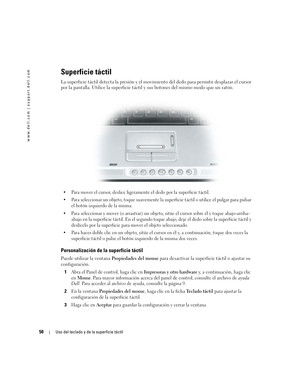 Superficie táctil, Personalización de la superficie táctil | Dell XPS M170 (MXG051, Late 2005) User Manual | Page 50 / 134