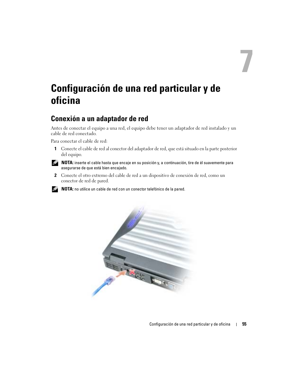 Configuración de una red particular y de oficina, Conexión a un adaptador de red | Dell XPS M170 (MXG051, Late 2005) User Manual | Page 55 / 134