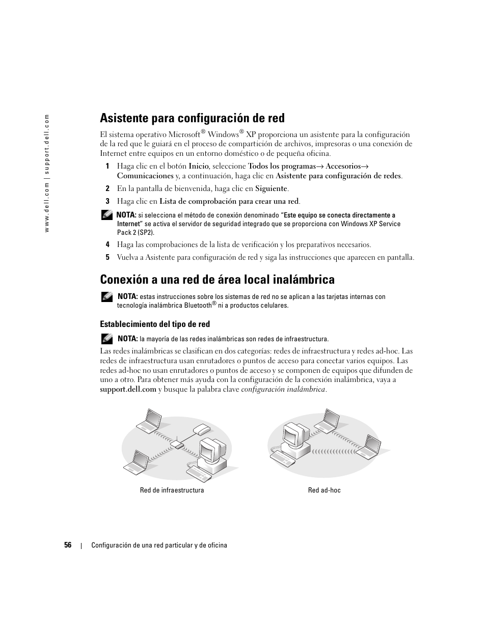 Asistente para configuración de red, Conexión a una red de área local inalámbrica, Establecimiento del tipo de red | Dell XPS M170 (MXG051, Late 2005) User Manual | Page 56 / 134