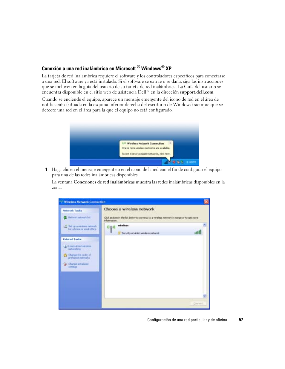 Conexión a una red inalámbrica en microsoft | Dell XPS M170 (MXG051, Late 2005) User Manual | Page 57 / 134