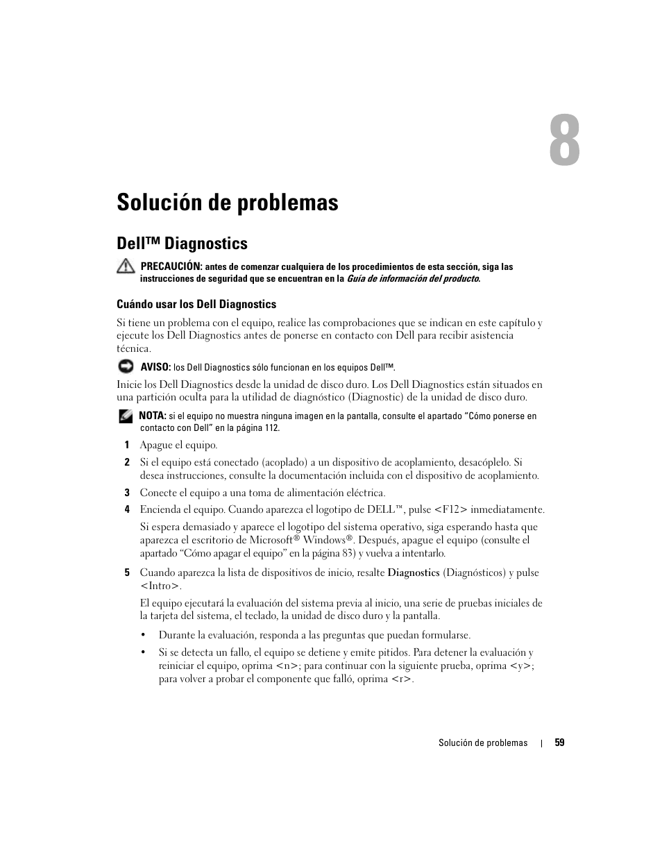 Solución de problemas, Dell™ diagnostics, Cuándo usar los dell diagnostics | Dell XPS M170 (MXG051, Late 2005) User Manual | Page 59 / 134
