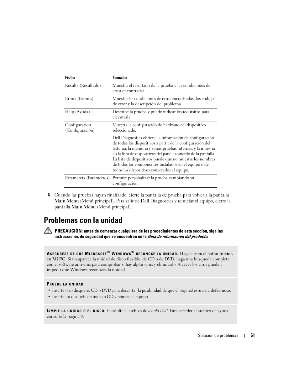 Problemas con la unidad | Dell XPS M170 (MXG051, Late 2005) User Manual | Page 61 / 134