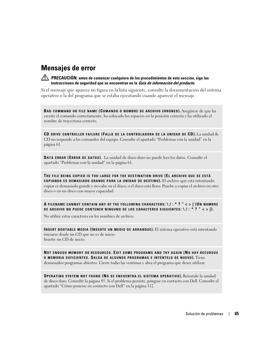 Mensajes de error | Dell XPS M170 (MXG051, Late 2005) User Manual | Page 65 / 134