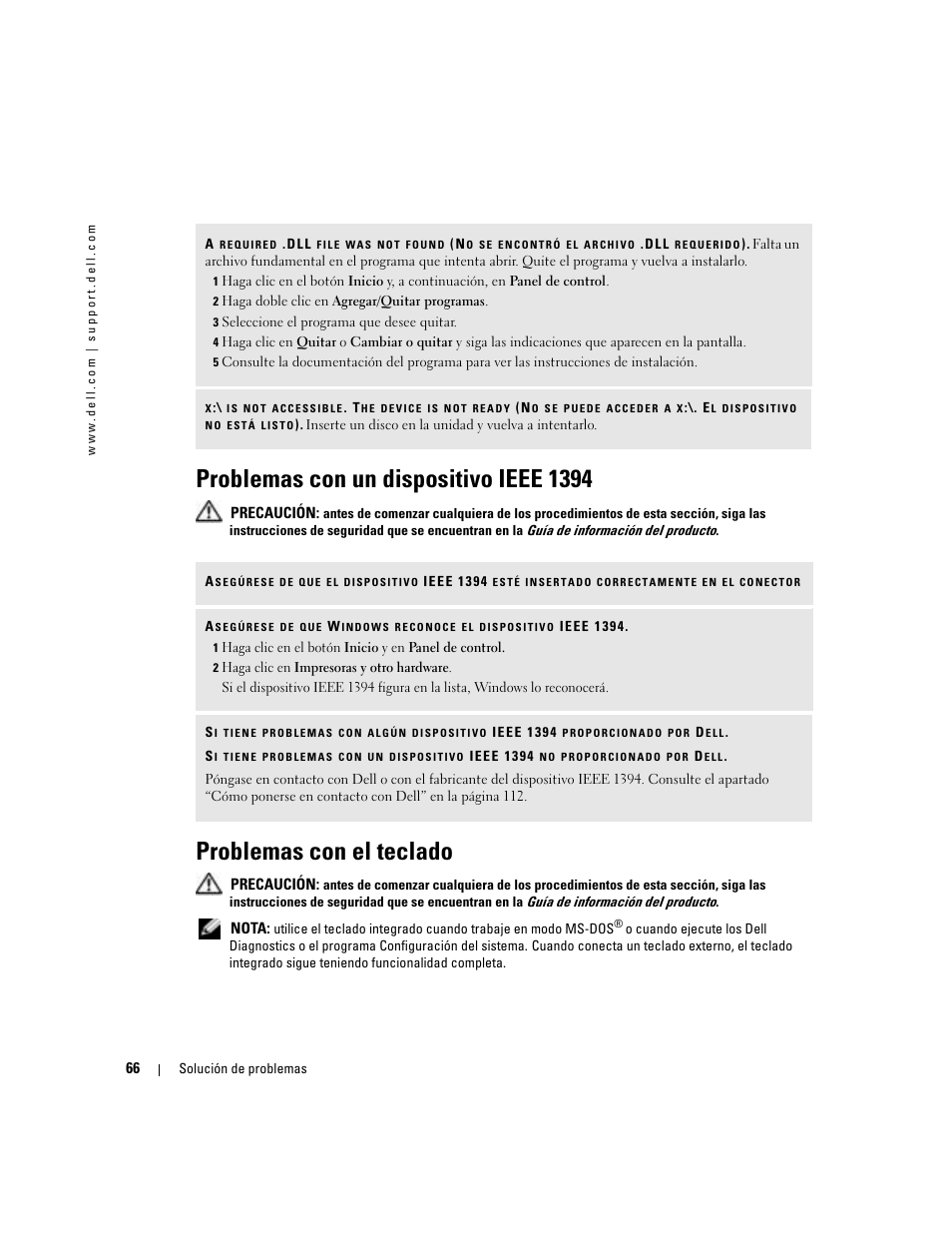 Problemas con un dispositivo ieee 1394, Problemas con el teclado | Dell XPS M170 (MXG051, Late 2005) User Manual | Page 66 / 134