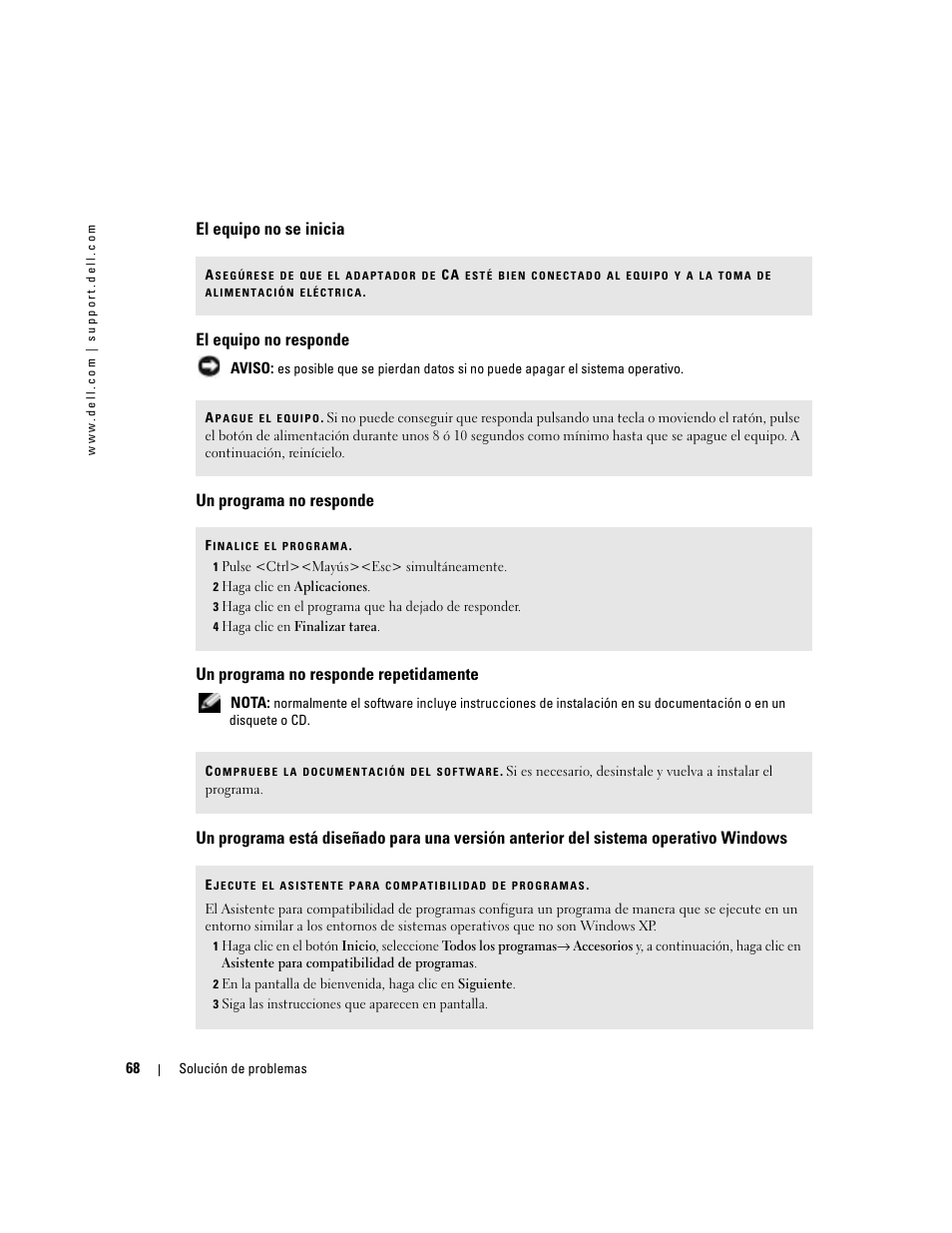 El equipo no se inicia, El equipo no responde, Un programa no responde | Un programa no responde repetidamente, El equipo no se inicia el equipo no responde | Dell XPS M170 (MXG051, Late 2005) User Manual | Page 68 / 134