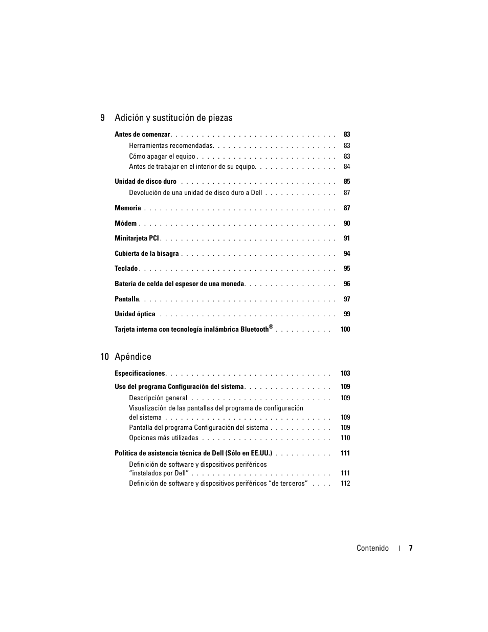 9adición y sustitución de piezas, 10 apéndice | Dell XPS M170 (MXG051, Late 2005) User Manual | Page 7 / 134