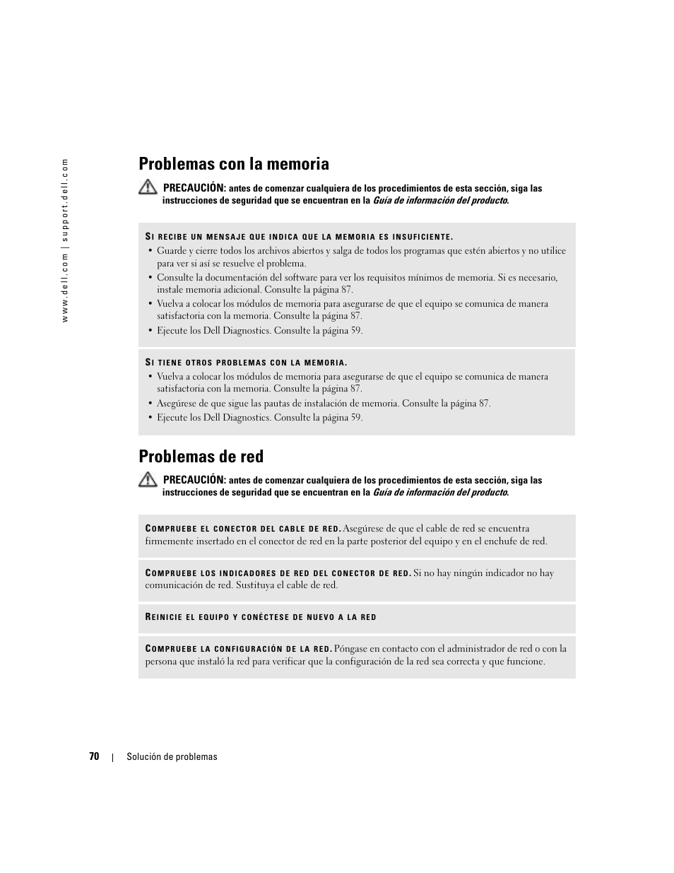 Problemas con la memoria, Problemas de red | Dell XPS M170 (MXG051, Late 2005) User Manual | Page 70 / 134