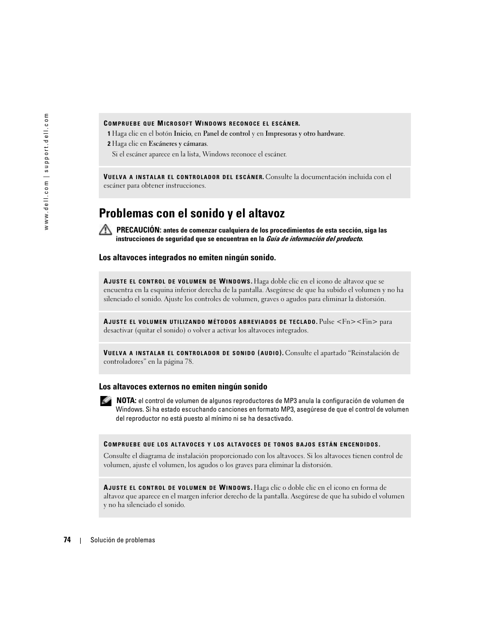 Problemas con el sonido y el altavoz, Los altavoces integrados no emiten ningún sonido, Los altavoces externos no emiten ningún sonido | Dell XPS M170 (MXG051, Late 2005) User Manual | Page 74 / 134