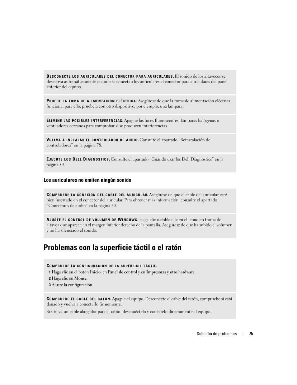 Los auriculares no emiten ningún sonido, Problemas con la superficie táctil o el ratón | Dell XPS M170 (MXG051, Late 2005) User Manual | Page 75 / 134