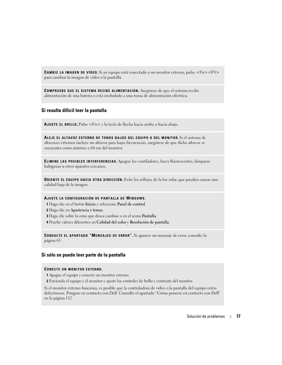 Si resulta difícil leer la pantalla, Si sólo se puede leer parte de la pantalla | Dell XPS M170 (MXG051, Late 2005) User Manual | Page 77 / 134