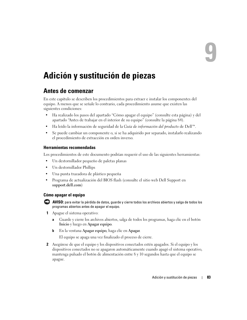 Adición y sustitución de piezas, Antes de comenzar, Herramientas recomendadas | Cómo apagar el equipo | Dell XPS M170 (MXG051, Late 2005) User Manual | Page 83 / 134