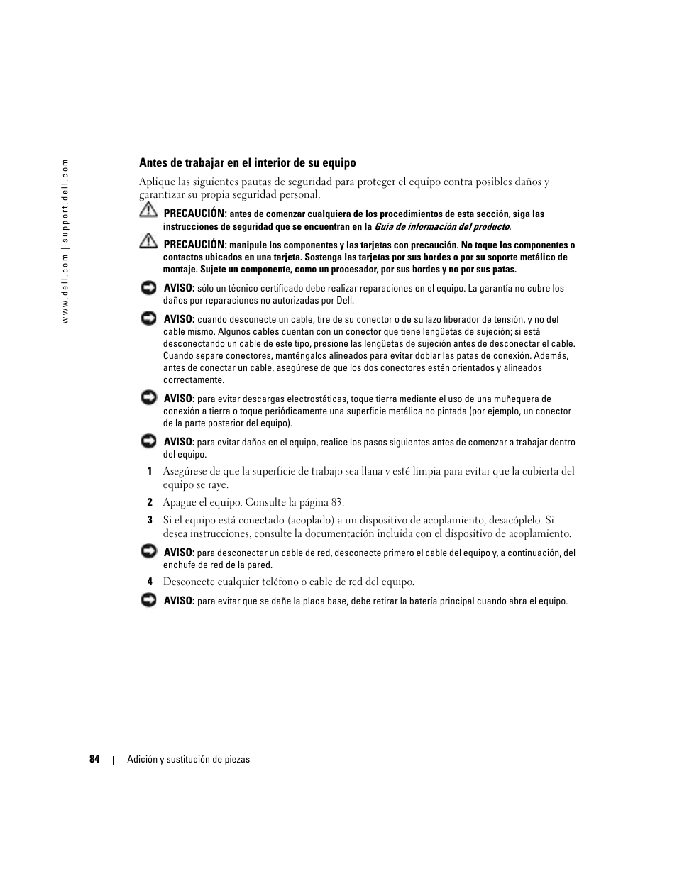 Antes de trabajar en el interior de su equipo | Dell XPS M170 (MXG051, Late 2005) User Manual | Page 84 / 134