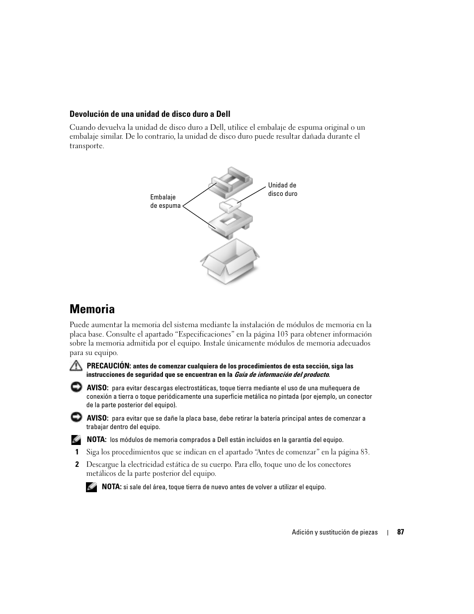 Devolución de una unidad de disco duro a dell, Memoria | Dell XPS M170 (MXG051, Late 2005) User Manual | Page 87 / 134
