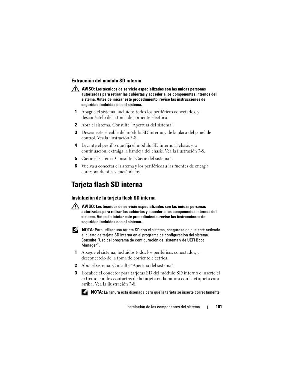 Extracción del módulo sd interno, Tarjeta flash sd interna, Instalación de la tarjeta flash sd interna | Dell PowerVault NX3000 User Manual | Page 101 / 216