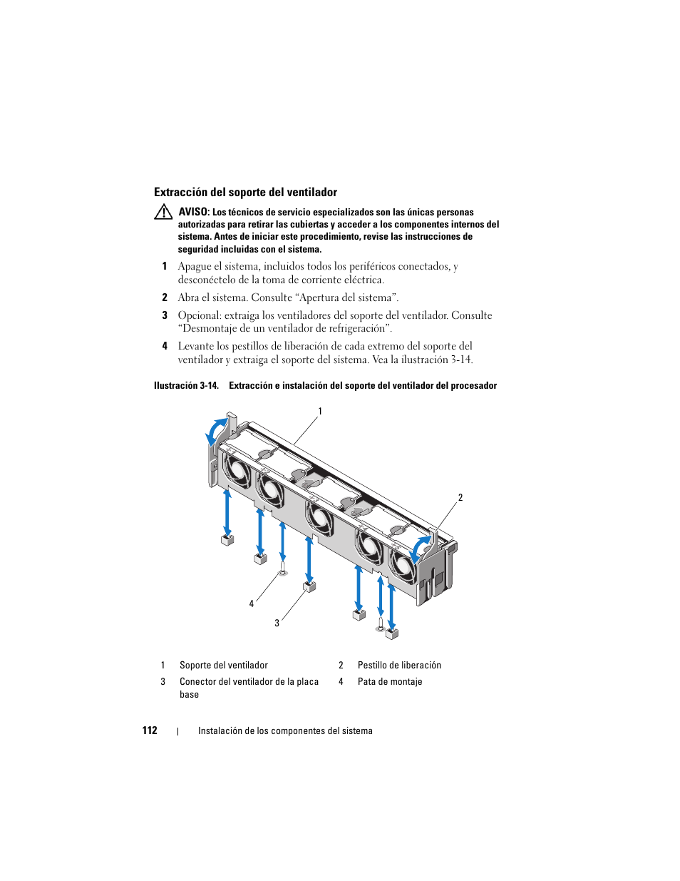 Extracción del soporte del ventilador | Dell PowerVault NX3000 User Manual | Page 112 / 216