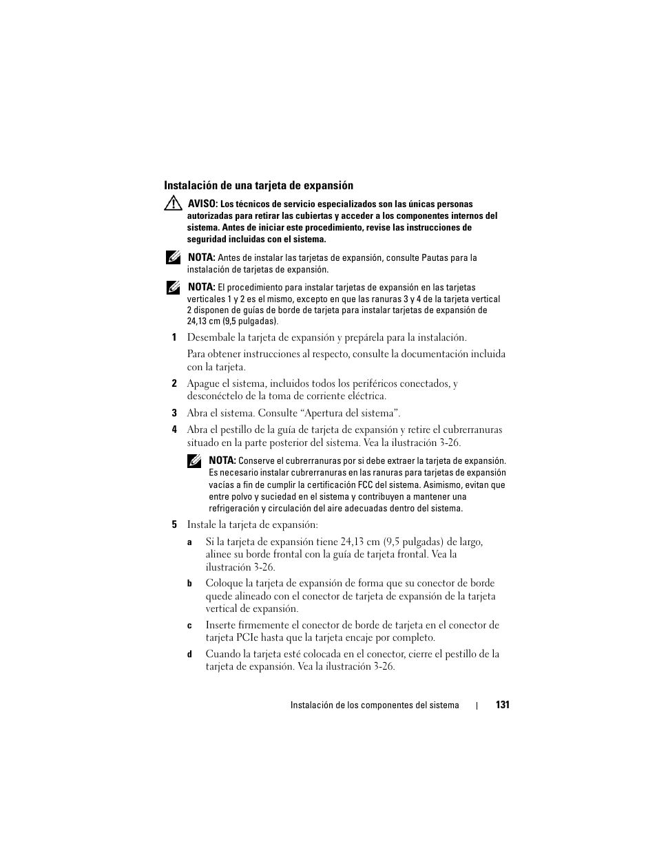 Instalación de una tarjeta de expansión | Dell PowerVault NX3000 User Manual | Page 131 / 216