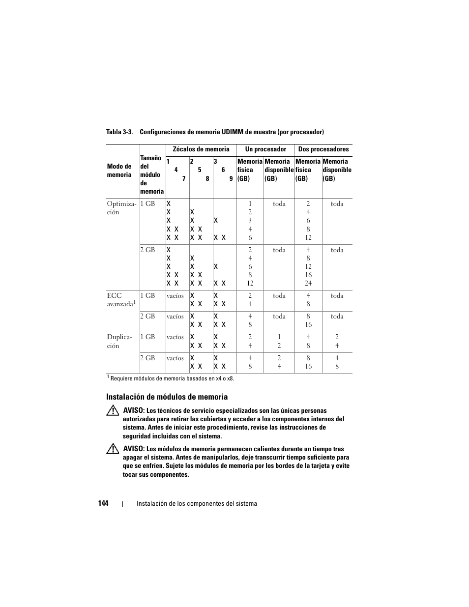 Instalación de módulos de memoria, Instalación de módulos de memoria” o “solución de | Dell PowerVault NX3000 User Manual | Page 144 / 216