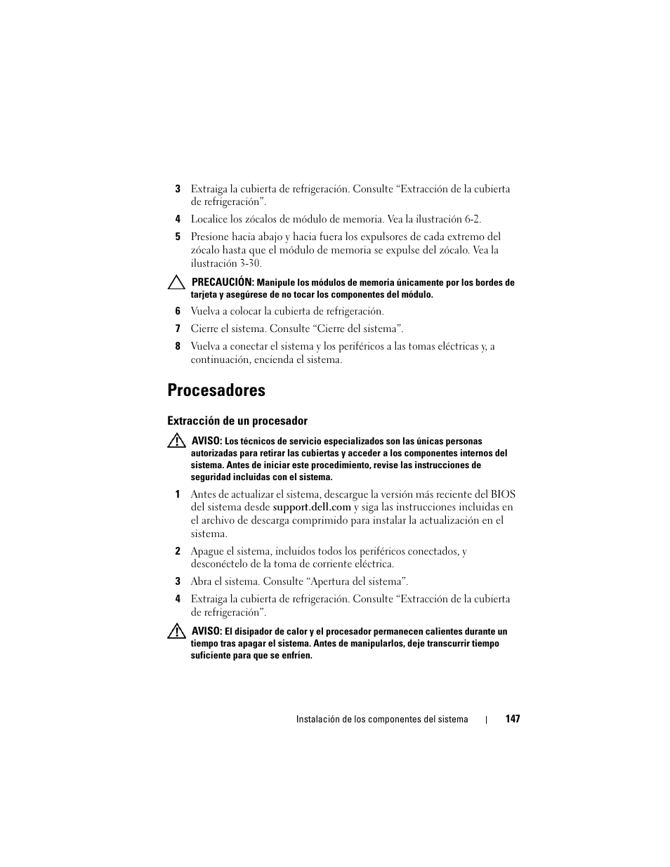 Procesadores, Extracción de un procesador | Dell PowerVault NX3000 User Manual | Page 147 / 216