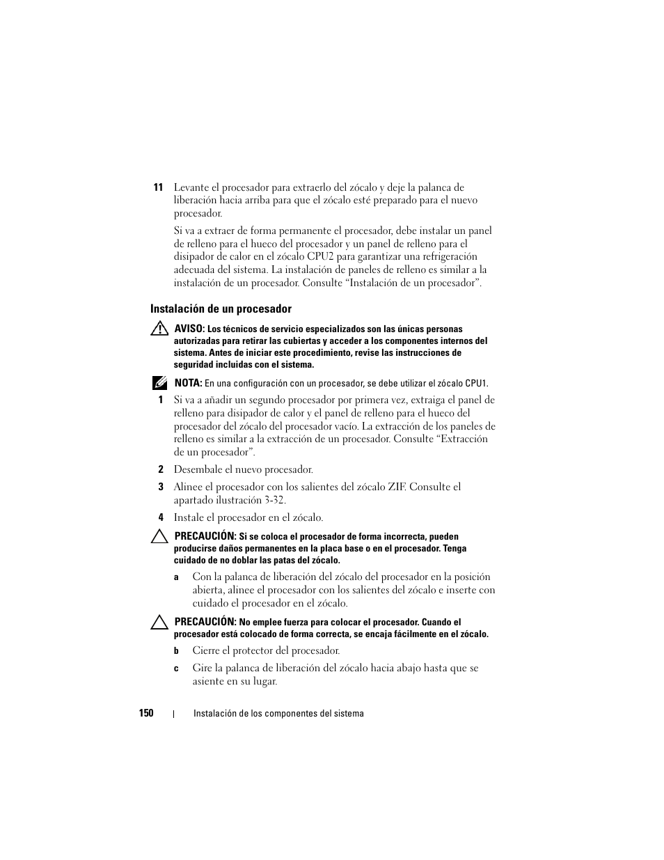 Instalación de un procesador | Dell PowerVault NX3000 User Manual | Page 150 / 216