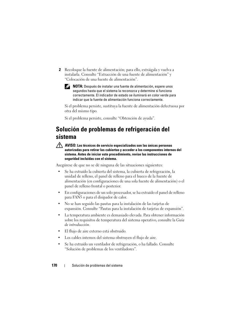 Solución de problemas de refrigeración del sistema, Problemas de refrigeración del sistema | Dell PowerVault NX3000 User Manual | Page 170 / 216