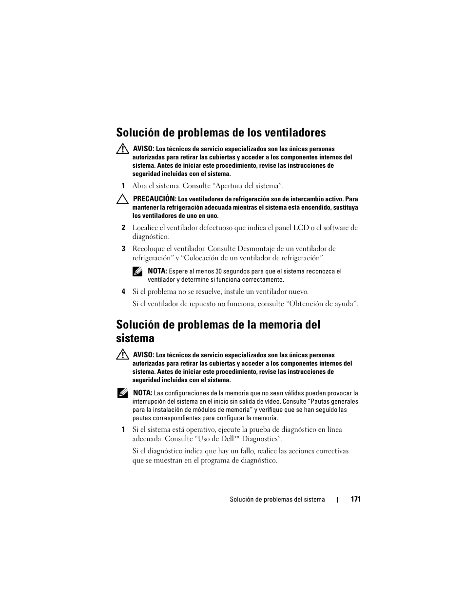 Solución de problemas de los ventiladores, Solución de problemas de la memoria del sistema, Problemas de la memoria del sistema | Dell PowerVault NX3000 User Manual | Page 171 / 216