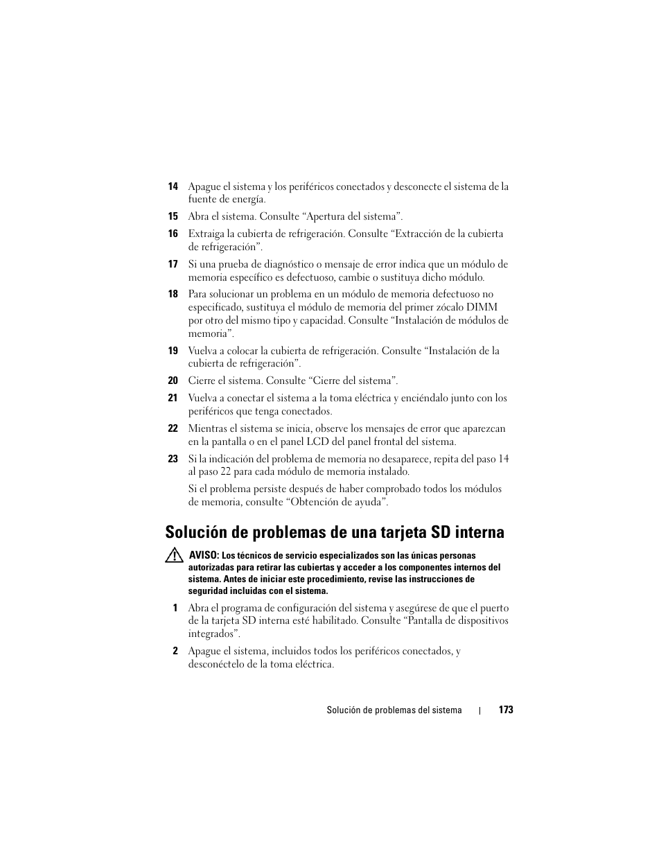 Solución de problemas de una tarjeta sd interna, Solución de problemas de una tarjeta sd interna” y | Dell PowerVault NX3000 User Manual | Page 173 / 216