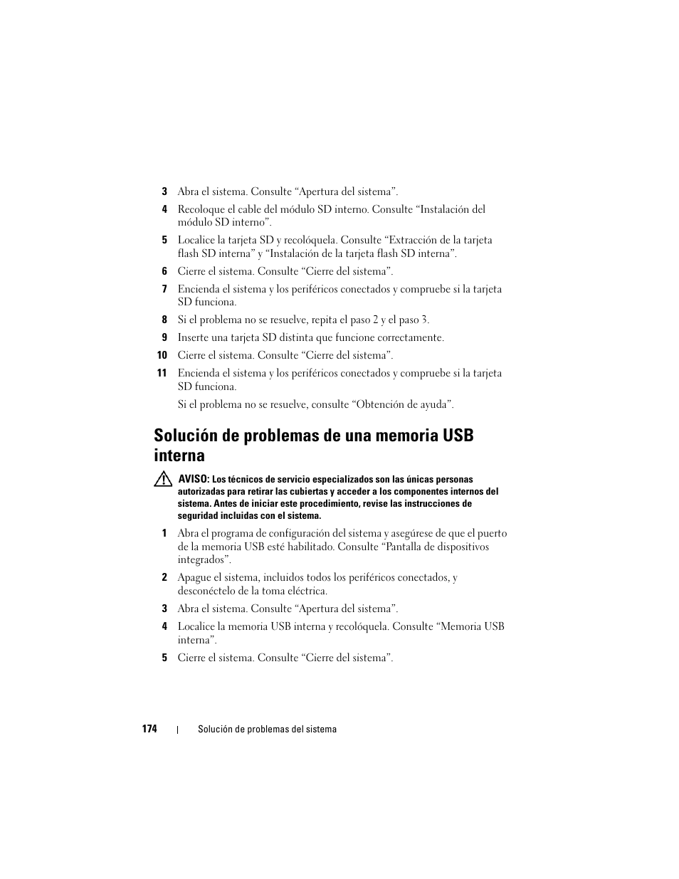 Solución de problemas de una memoria usb interna | Dell PowerVault NX3000 User Manual | Page 174 / 216