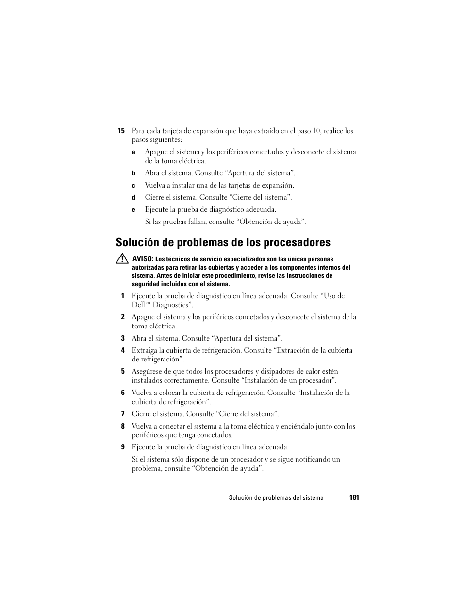 Solución de problemas de los procesadores, Solución de problemas de los procesadores” y | Dell PowerVault NX3000 User Manual | Page 181 / 216