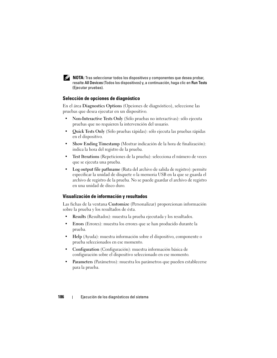 Selección de opciones de diagnóstico, Visualización de información y resultados | Dell PowerVault NX3000 User Manual | Page 186 / 216