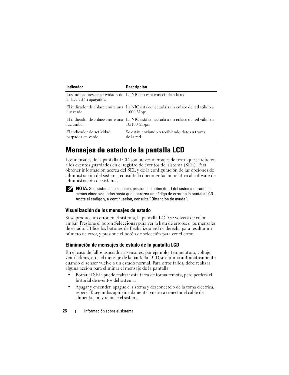 Mensajes de estado de la pantalla lcd, Visualización de los mensajes de estado | Dell PowerVault NX3000 User Manual | Page 26 / 216