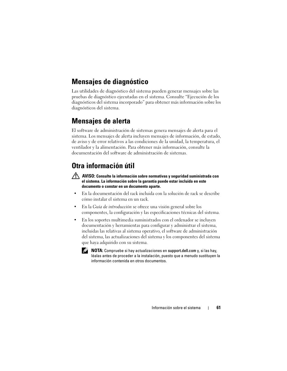 Mensajes de diagnóstico, Mensajes de alerta, Otra información útil | Dell PowerVault NX3000 User Manual | Page 61 / 216
