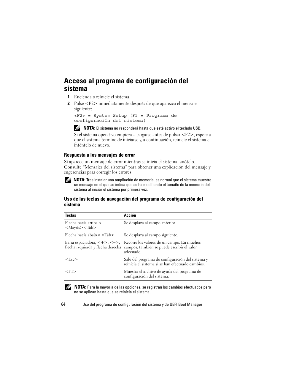 Acceso al programa de configuración del sistema, Respuesta a los mensajes de error | Dell PowerVault NX3000 User Manual | Page 64 / 216