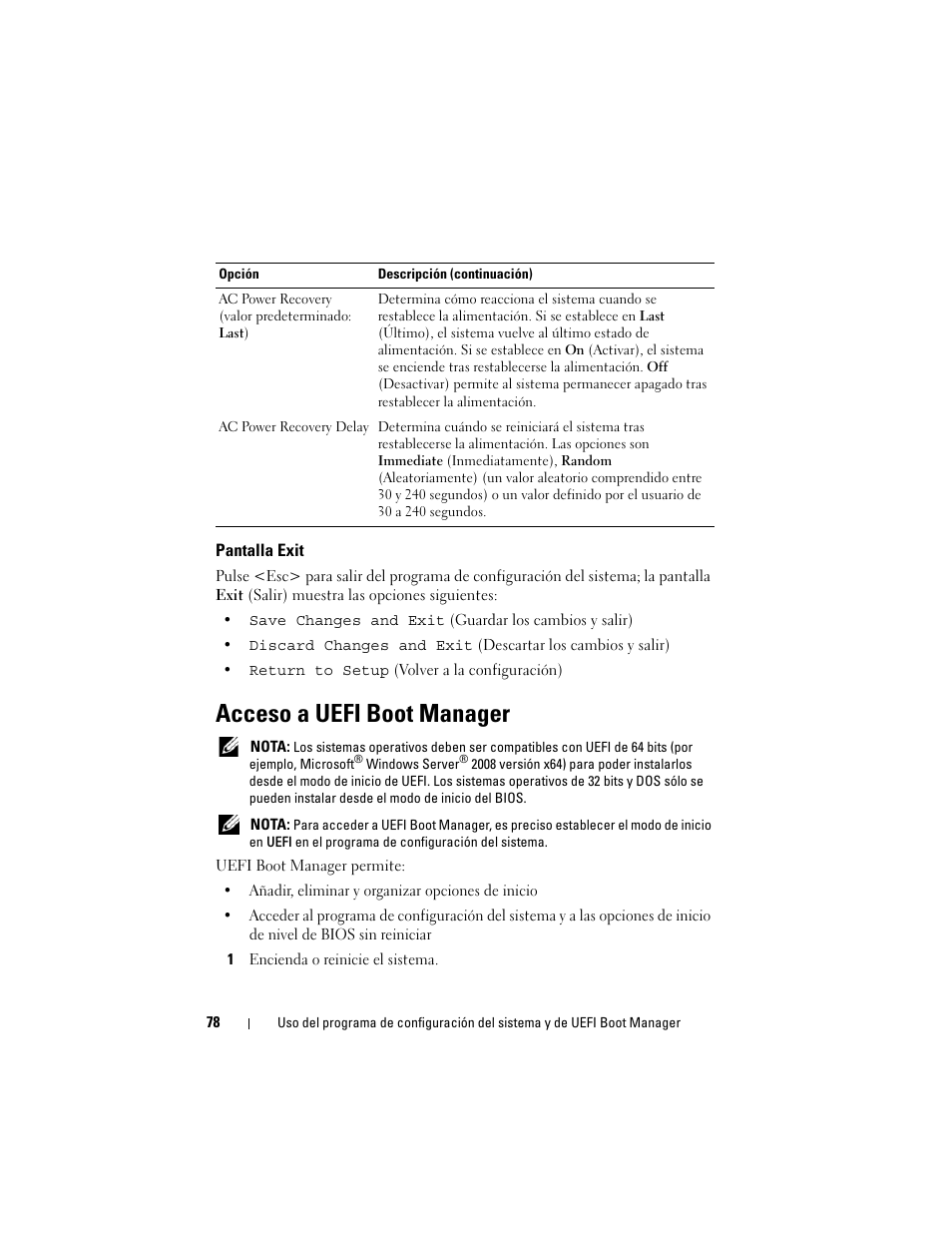 Pantalla exit, Acceso a uefi boot manager | Dell PowerVault NX3000 User Manual | Page 78 / 216
