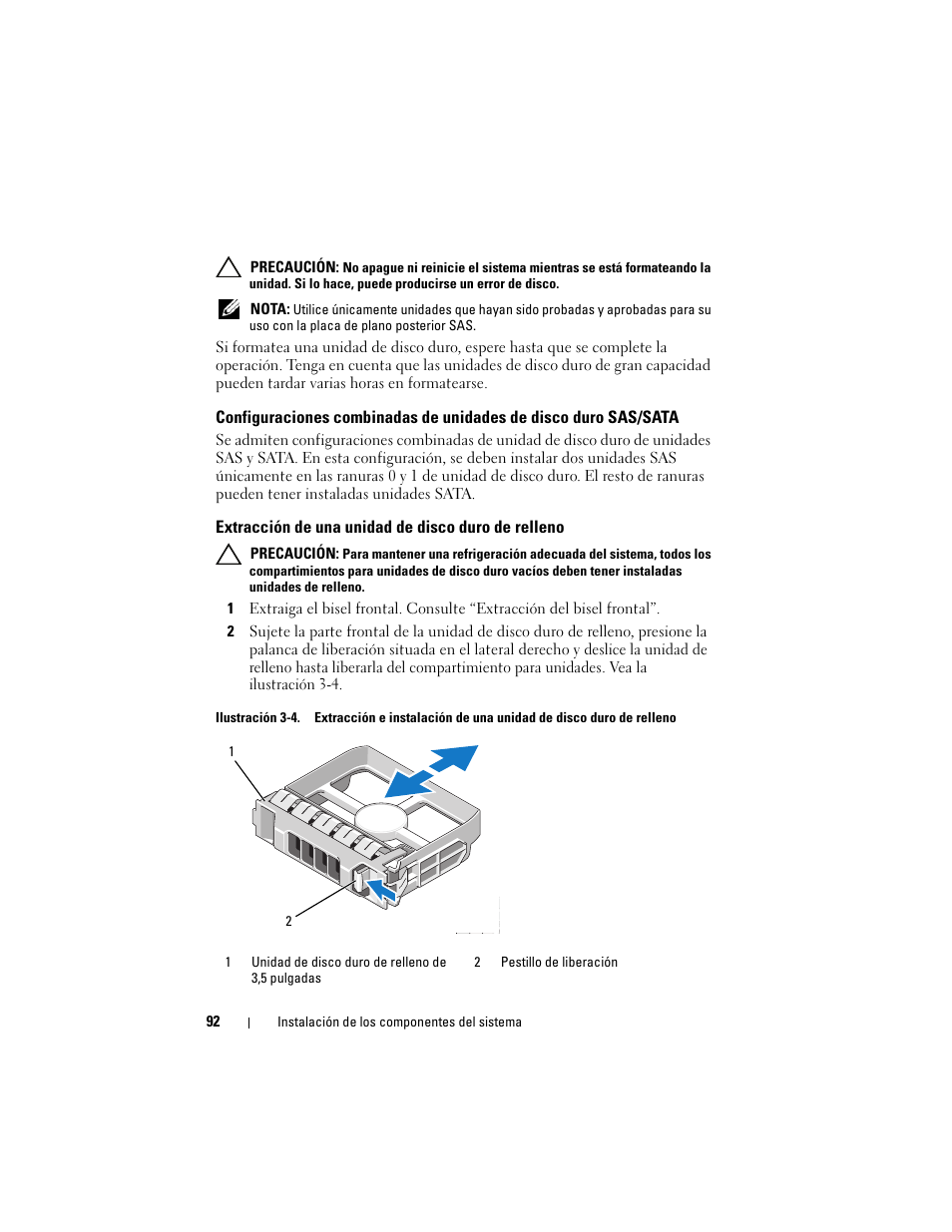 Extracción de una unidad de disco duro de relleno | Dell PowerVault NX3000 User Manual | Page 92 / 216