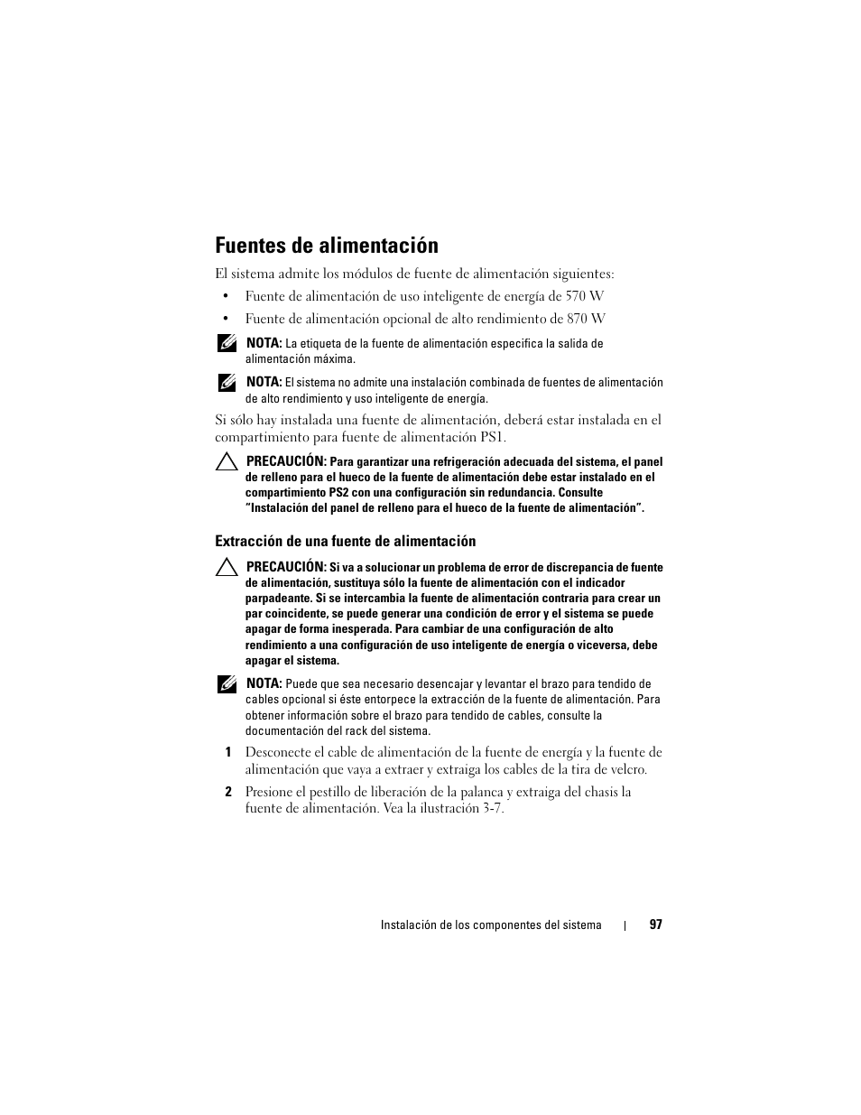 Fuentes de alimentación, Extracción de una fuente de alimentación | Dell PowerVault NX3000 User Manual | Page 97 / 216