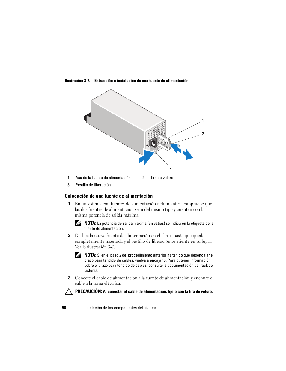 Colocación de una fuente de alimentación | Dell PowerVault NX3000 User Manual | Page 98 / 216