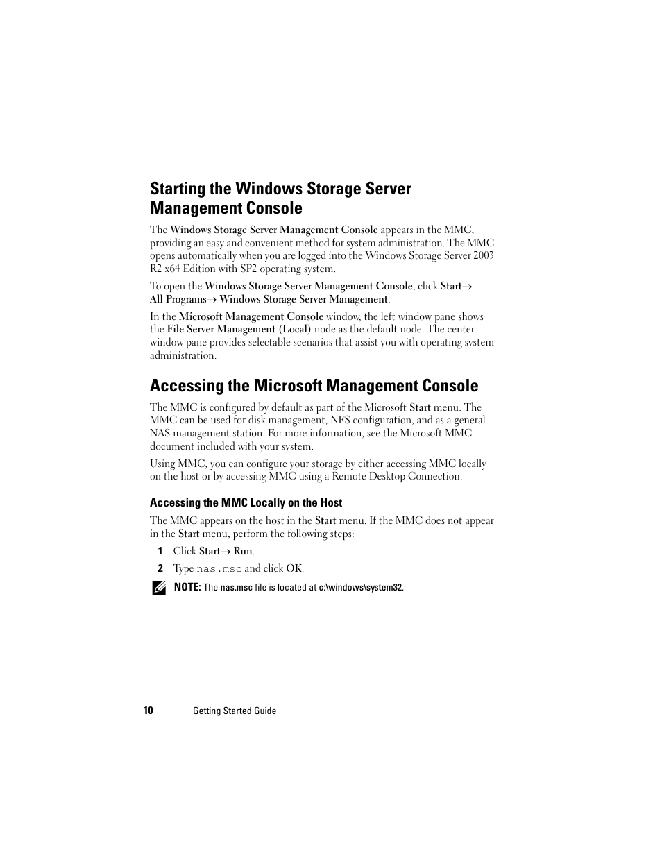 Accessing the microsoft management console, Accessing the mmc locally on the host | Dell PowerVault NF600 User Manual | Page 12 / 134