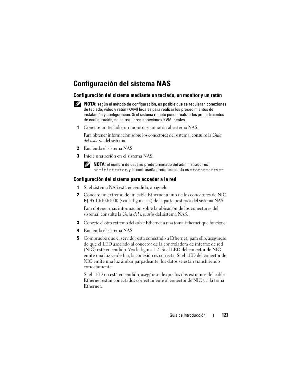 Configuración del sistema nas, Configuración del sistema para acceder a la red | Dell PowerVault NF600 User Manual | Page 125 / 134