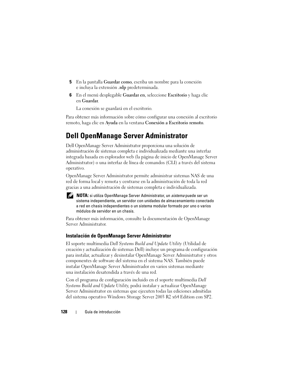 Dell openmanage server administrator, Instalación de openmanage server administrator | Dell PowerVault NF600 User Manual | Page 130 / 134
