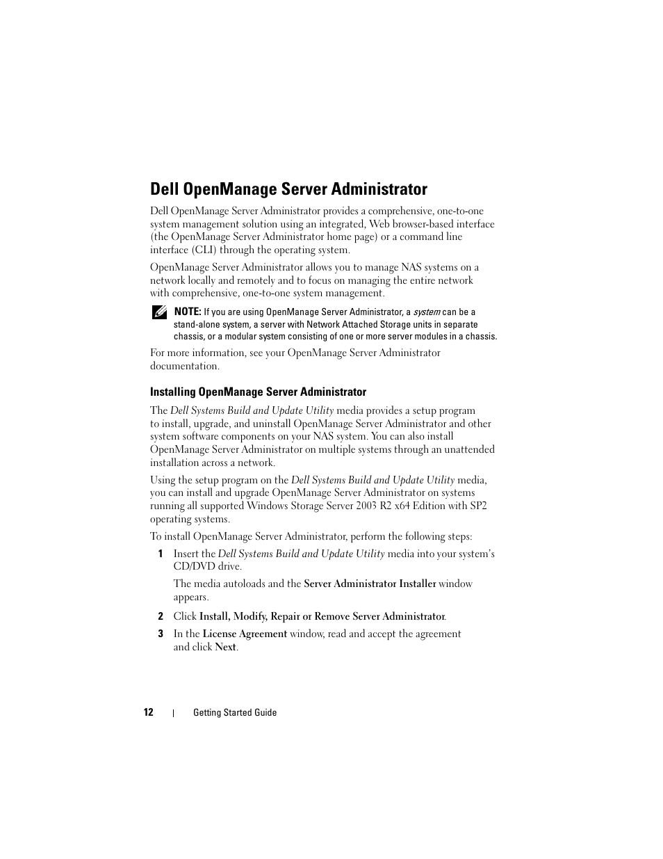 Dell openmanage server administrator, Installing openmanage server administrator | Dell PowerVault NF600 User Manual | Page 14 / 134