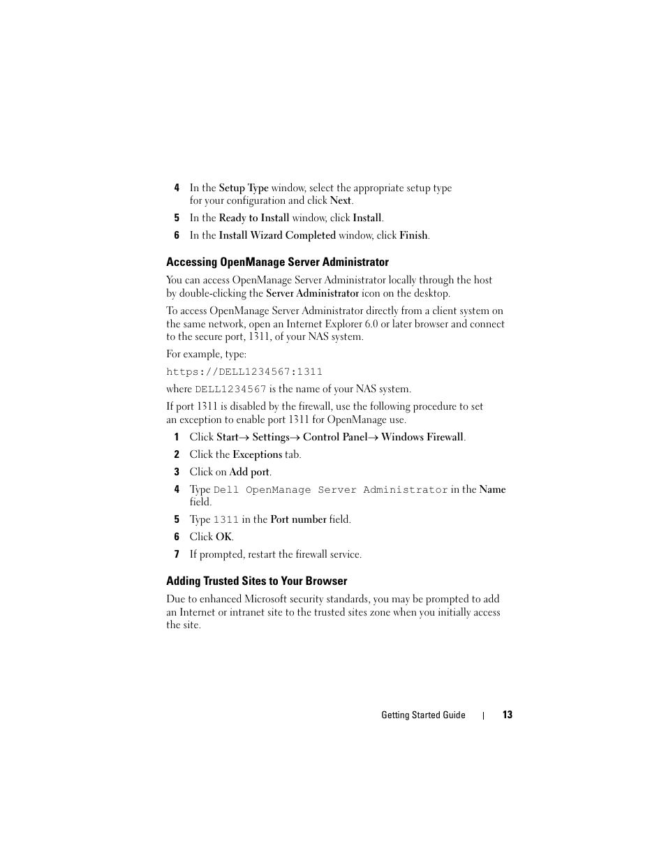 Accessing openmanage server administrator, Adding trusted sites to your browser | Dell PowerVault NF600 User Manual | Page 15 / 134