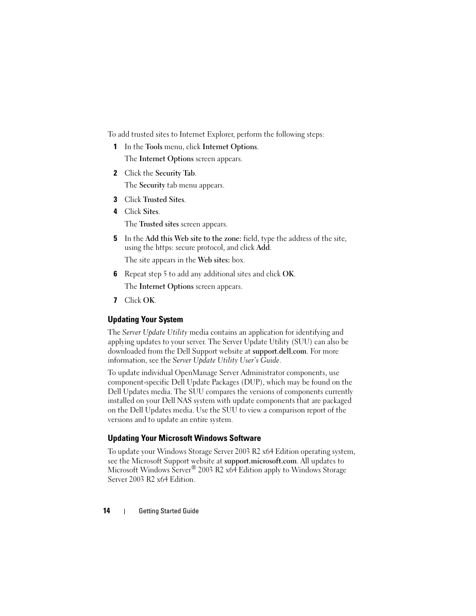 Updating your system, Updating your microsoft windows software | Dell PowerVault NF600 User Manual | Page 16 / 134