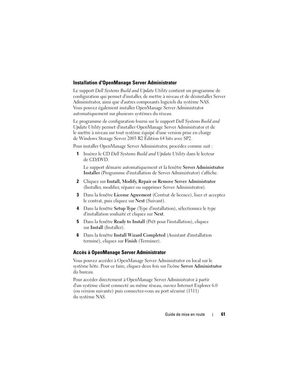 Installation d'openmanage server administrator, Accès à openmanage server administrator | Dell PowerVault NF600 User Manual | Page 63 / 134