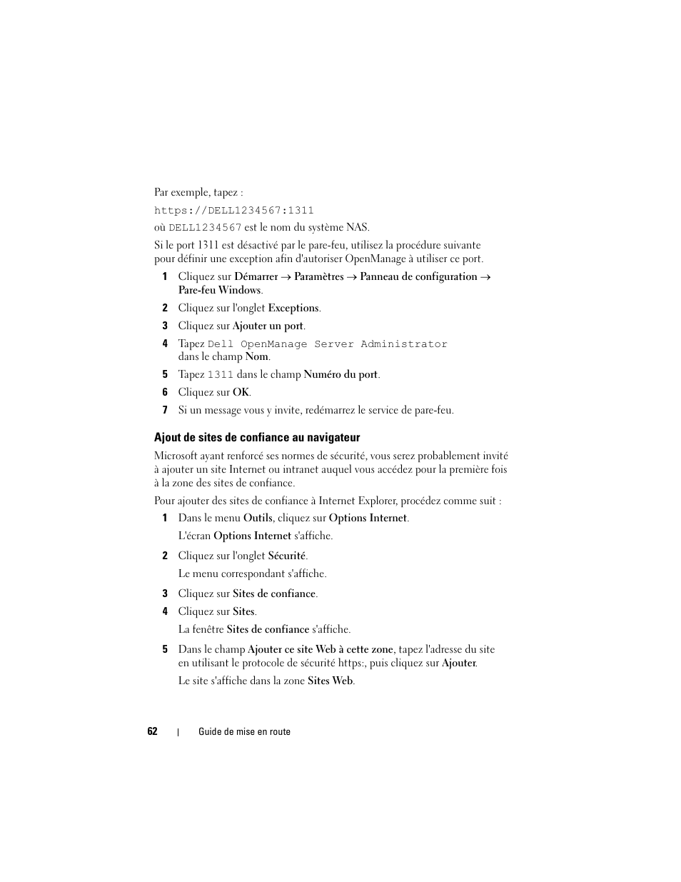 Ajout de sites de confiance au navigateur | Dell PowerVault NF600 User Manual | Page 64 / 134