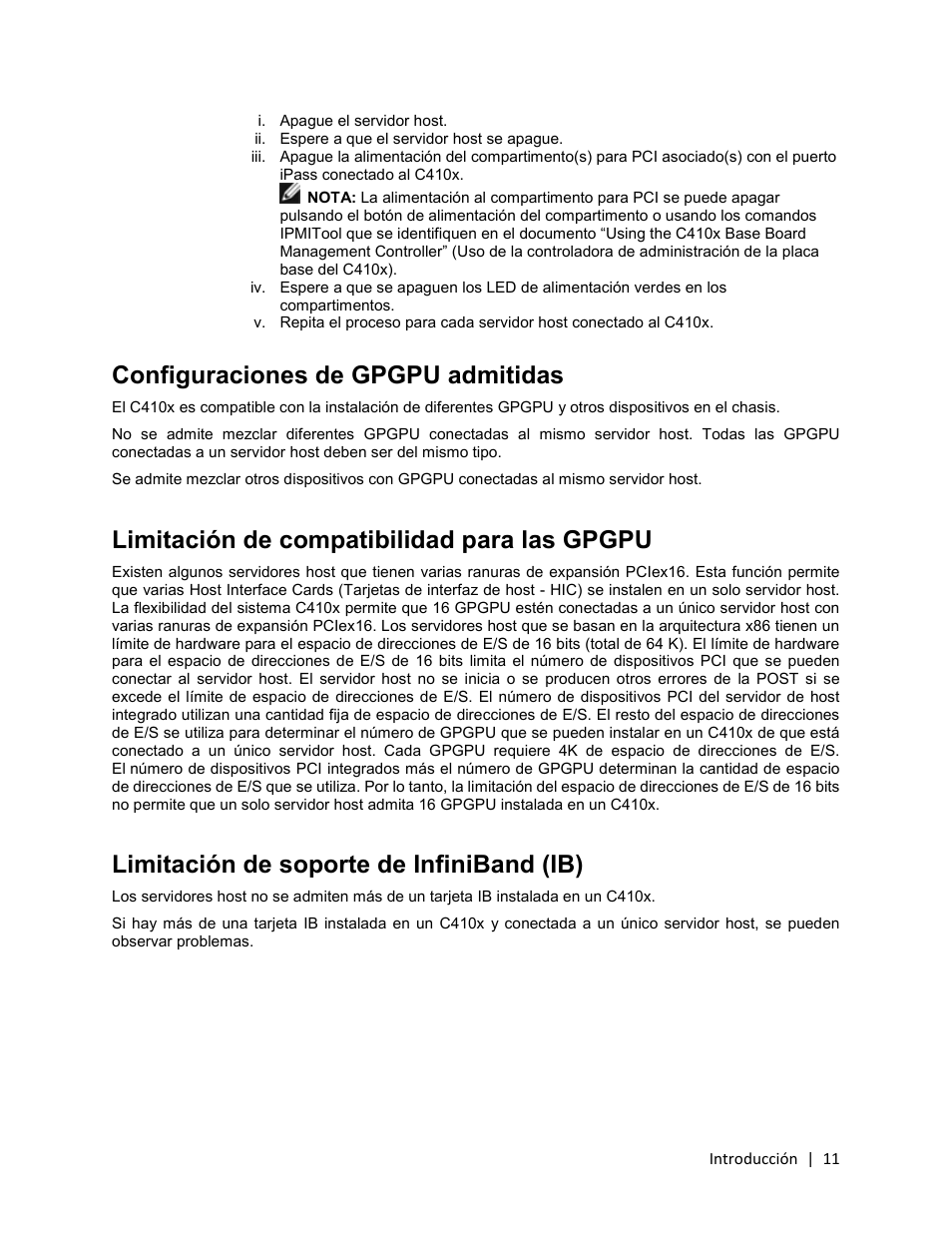 Configuraciones de gpgpu admitidas, Limitación de compatibilidad para las gpgpu, Limitación de soporte de infiniband (ib) | Dell PowerEdge C410x User Manual | Page 11 / 105