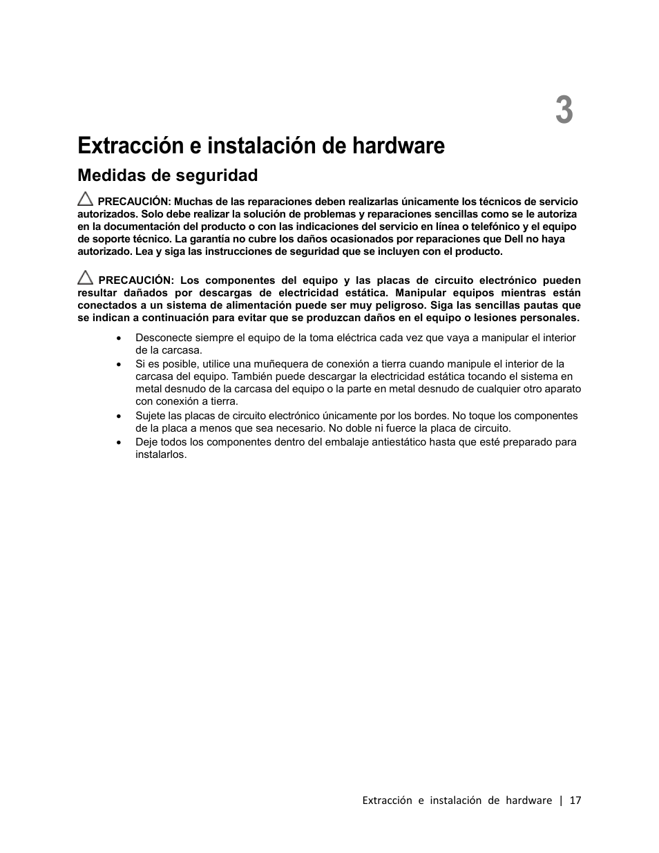 3 extracción e instalación de hardware, Medidas de seguridad, Extracción e instalación de hardware | Dell PowerEdge C410x User Manual | Page 17 / 105