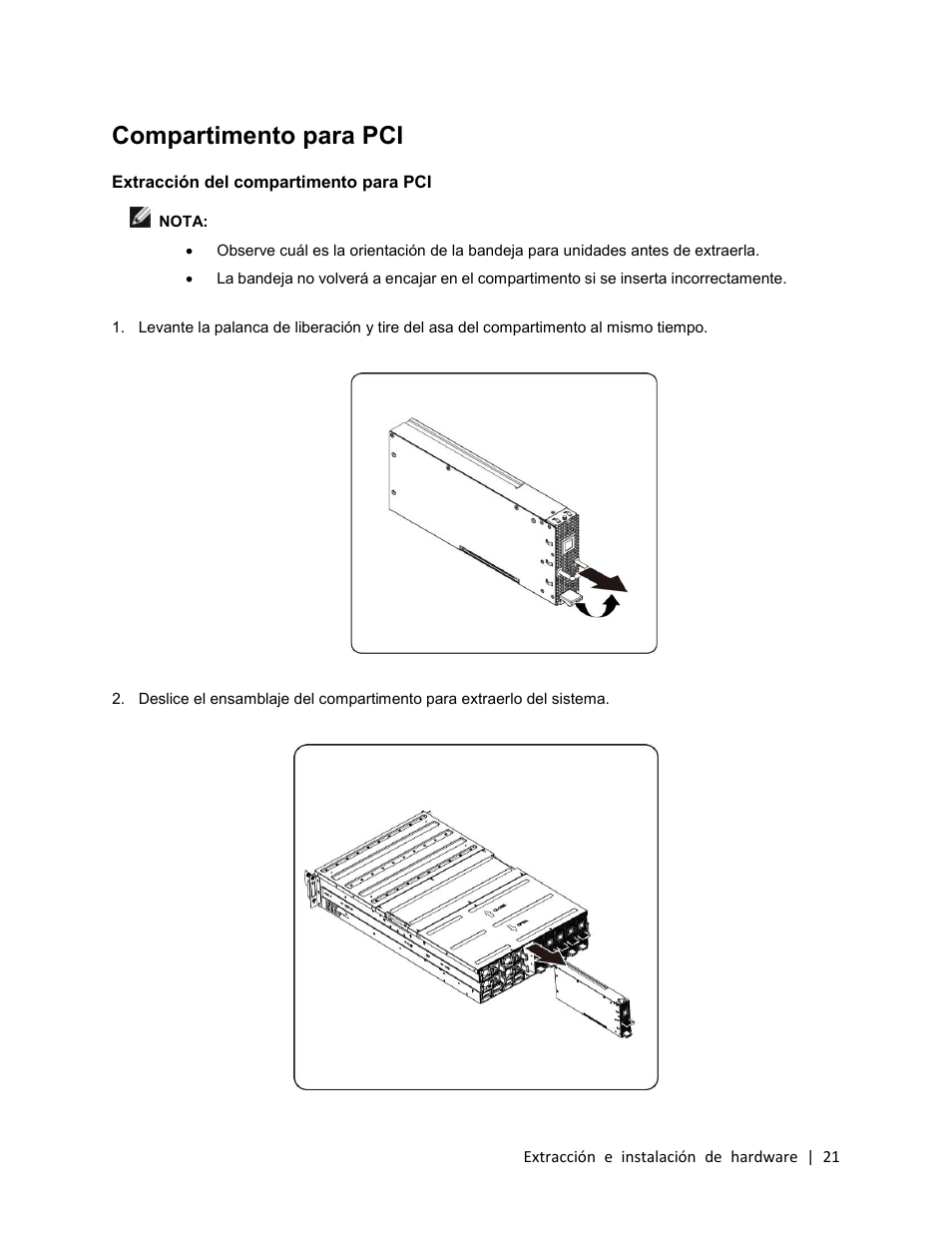 Compartimento para pci, Extracción del compartimento para pci | Dell PowerEdge C410x User Manual | Page 21 / 105