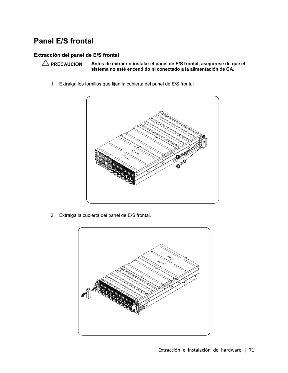 Panel e/s frontal, Extracción del panel de e/s frontal | Dell PowerEdge C410x User Manual | Page 71 / 105